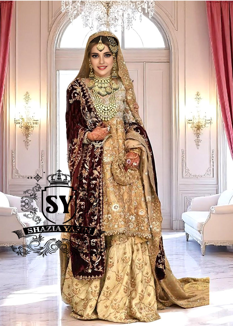 Pakistani Walima Dress for Bride McKinney Texas USA Gharara Bridal Dress In Beautiful Gold Buff