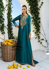 As wedding season blooms, make a sophisticated statement with our exquisite Teal Kaftan dress, crafted from pure raw silk and embellished with intricate dapka, naqshi, and cutdana embroidery. Every detail is carefully designed to highlight your unique radiance and individuality, perfect for any special occasion where you want to be the most spectacular.