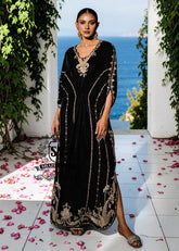 Be dazzling with this elegant black velvet Kaftan dress. Designed with both classic and modern lines, black velvet Kaftan dresses add a sophisticated touch to your wardrobe. Experience the elegance of this unique Embellished Kaftan at Shazia Yasin.