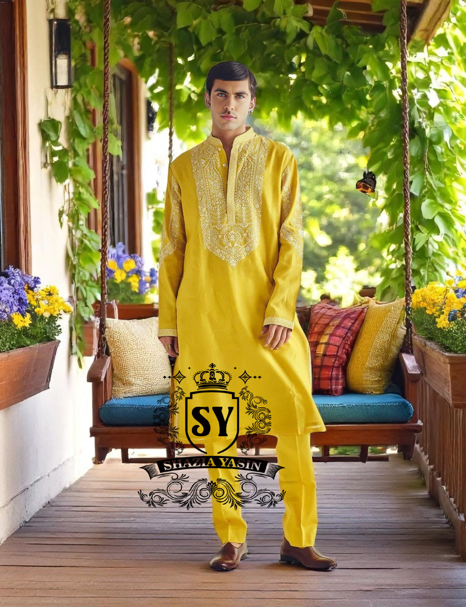 Pakistani Mens Kurta Juneau Alaska Mustard Yellow Designer Kurta Pajama for Festive Season USA