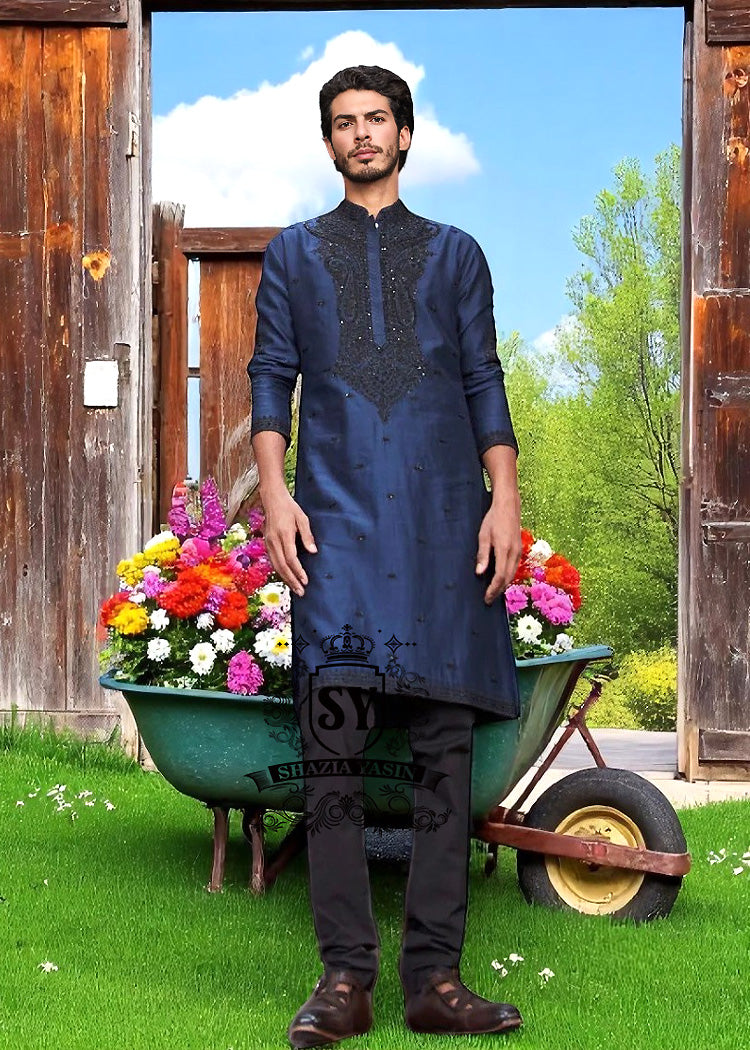 Exclusive Berkeley Blue Kurta Pajama for Mens Bethel Alaska USA Mens Bespoke Kurta Pajama Suits