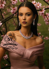 Radiant pink Kunzites and sparkling diamonds in Traditional Design. Set is Embellished with Rhodium Plated. Buy Online 925 Sterling Silver Pink Kunzites Bridal Jewellery Set.