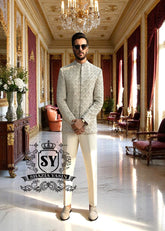 Off-White Hand Embellished Prince Coat for Mens