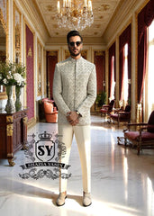 Off-White Hand Embellished Prince Coat for Mens