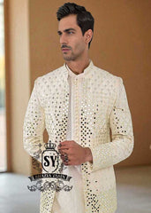 Stylish off white Menswear Prince Coat for Man Wedding Collection Formal Prince Coat Pakistani Designer Prince Coats