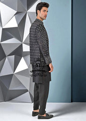 Elegant Mid-Night Black Prince coat Mens Prince coat Telford London UK Pakistan Designer Mirror Embroidered Prince Coat