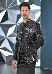 New Mid-Night Black Prince coat Mens Prince coat Telford London UK Pakistan Designer Mirror Embroidered Prince Coat