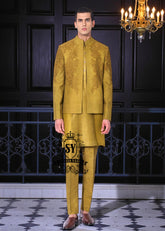 Men's Prince Coats and Suits | Mustard Yellow Men's Three-piece Suit - Prince Coat, Kurta, and Trousers