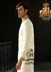 Off-white Embroidered Prince Coat for Weddings Melbourne Australia High Quality Men's Prince Coat with matching kurta pajama