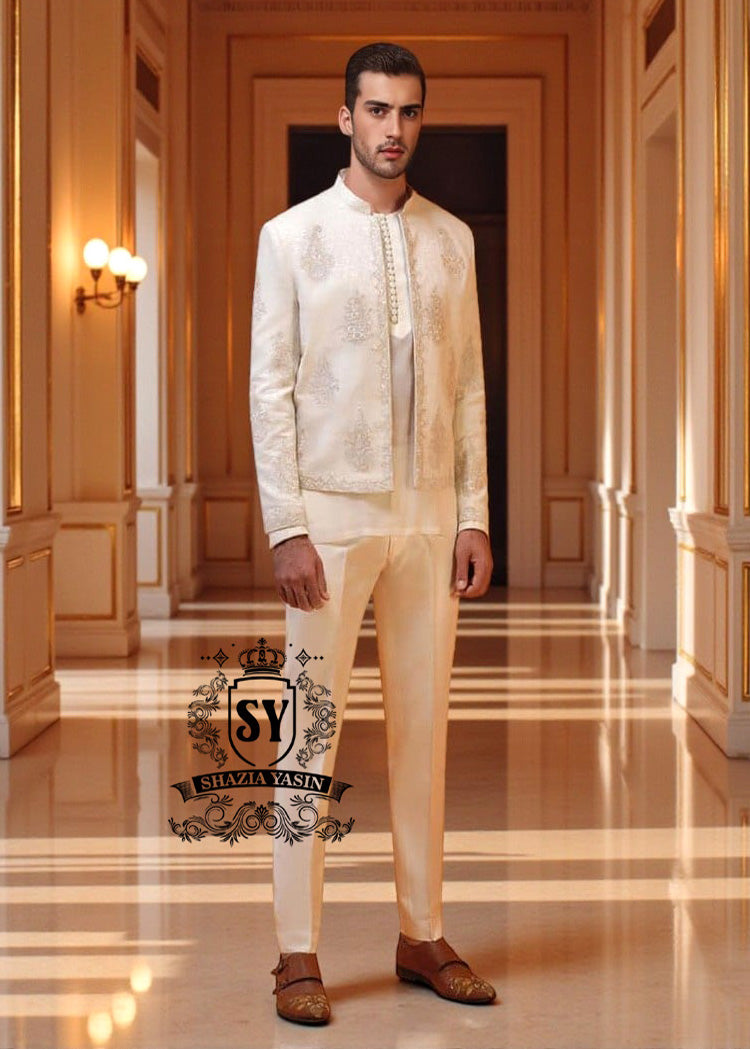 Ivory Self Karandi Silk Embroidered Prince Coat Trondheim Fjord Stylish Embroidered Nikkah Prince Coats