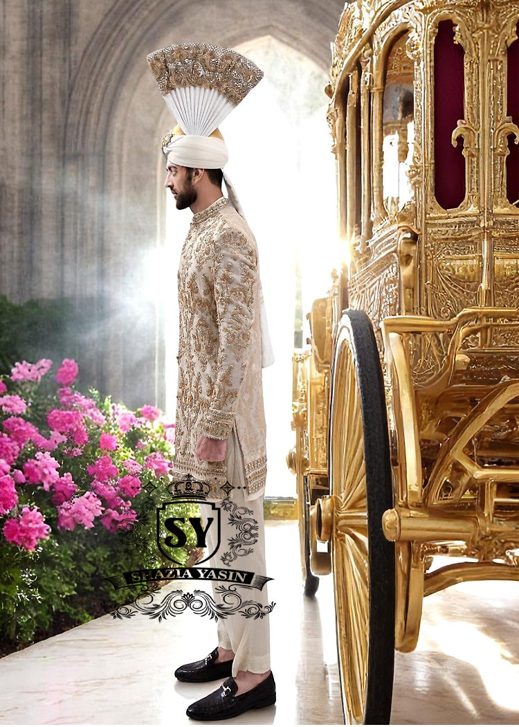 Champagne Raw Silk Embellished Sherwani Al Rayyan Qatar Stylish Embroidered Sherwani Suits UK USA Canada Australia