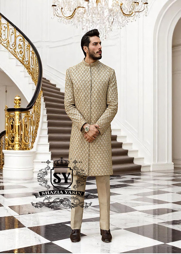 Heavy Embellished Sherwani in Raw Silk Hertfordshire England UK Sherwani for Wedding or Nikah Ceremony UK USA Canada Australia