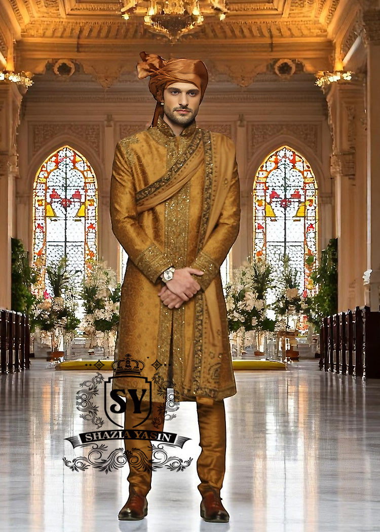Harvest Gold Embellished Sherwani King Mississauga Ontario Canada Latest Groom Sherwani Wedding Sherwani