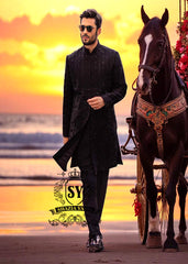 Black Raw Silk Sherwani Designs Garden City Michigan MI USA Best Mens Sherwani in Raw Silk
