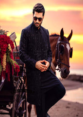 Black Raw Silk Sherwani Designs Garden City Michigan MI USA Best Mens Sherwani in Raw Silk