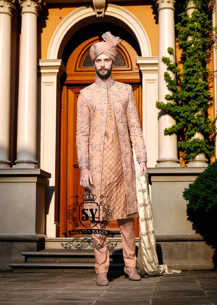Deep Peach Wedding Sherwani Suit for Mens Norcross Georgia USA Latest Sherwani Suits in Raw Silk