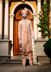 Deep Peach Wedding Sherwani Suit for Mens Norcross Georgia USA Latest Sherwani Suits in Raw Silk