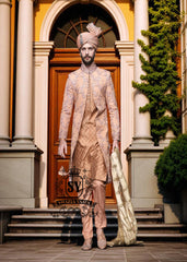 Deep Peach Wedding Sherwani Suit for Mens Norcross Georgia USA Latest Sherwani Suits in Raw Silk