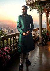 British Racing Green Jamawar Groom Sherwani Bethesda Washington DC USA Latest Sherwani Designs