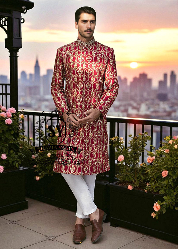 Crimson Glory Raw Silk Sherwani for Mens Fairfax Virginia United States Traditional Mens Sherwani Suits