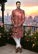 Crimson Glory Raw Silk Sherwani for Mens Fairfax Virginia United States Traditional Mens Sherwani Suits