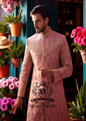 Baby Pink Sherwani for Mens Woking England UK Wedding Sherwani and Flared Trousers Combinations