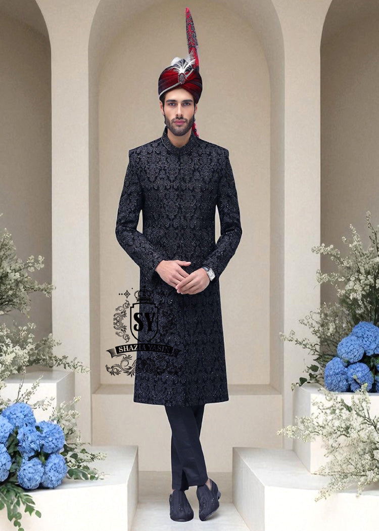 Black-on-black Heavy Embroidered Sherwani for Groom Bloomingdale Illinois Designer Mens Sherwani Suit