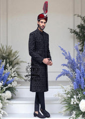 Latest Black-on-black Heavy Embroidered Sherwani for Groom Bloomingdale Illinois Designer Mens Sherwani Suit