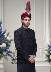 Luxury Black-on-black Heavy Embroidered Sherwani for Groom Bloomingdale Illinois Designer Mens Sherwani Suit