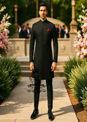 Pakistani Grooms Black Sherwani Glasgow Scotland Buy Traditional Sherwani in Plain Black Italian Suiting