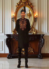 Black Sherwani with Black Banarsi Kulla Newcastle London UK Sherwani for groom with Price in Pakistan