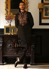 Majestic Black Sherwani with Black Banarsi Kulla Newcastle London UK Sherwani for groom with Price in Pakistan