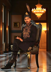 Men's Black Sherwani with Black Banarsi Kulla Newcastle London UK Sherwani for groom with Price in Pakistan