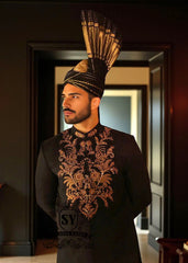 Royal's Black Sherwani with Black Banarsi Kulla Newcastle London UK Sherwani for groom with Price in Pakistan
