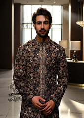 Glamorous Luxury Men's Sherwani Suit in Black Embroidered Men's Wedding Sherwani Suit With Antique Gold UK, USA, Canada, Australia