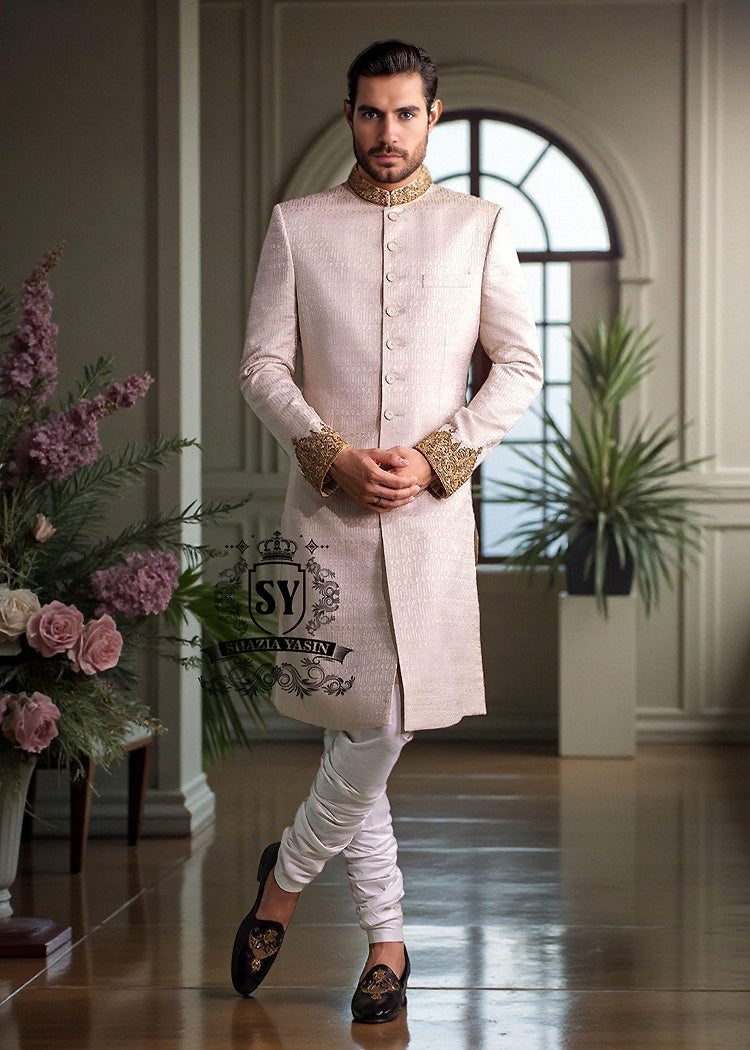 Self-embossed Sherwani With Hand-carved Embellishments in Antique Gold Buy in Los Angeles California USA