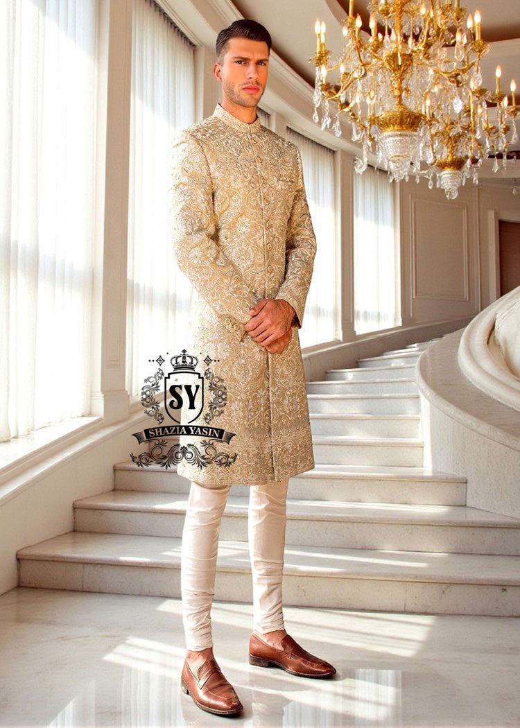 Indo Western Sherwani Suit for Wedding Michigan MI USA Buy Men's Sherwani in Fawn Raw Silk