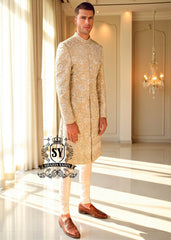 Indo Western Sherwani Suit for Wedding Michigan MI USA Buy Men's Sherwani in Fawn Raw Silk