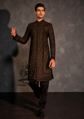 Designer Black Floral Sherwani For Men