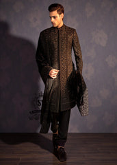 Designer Black Floral Sherwani For Men