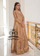 Our radiant Bride shining in the elegant angrakha pishwan, crafted from luxurious silky lame and adorned with exquisite embellishments. Let this gold outfit accentuate your captivating beauty!