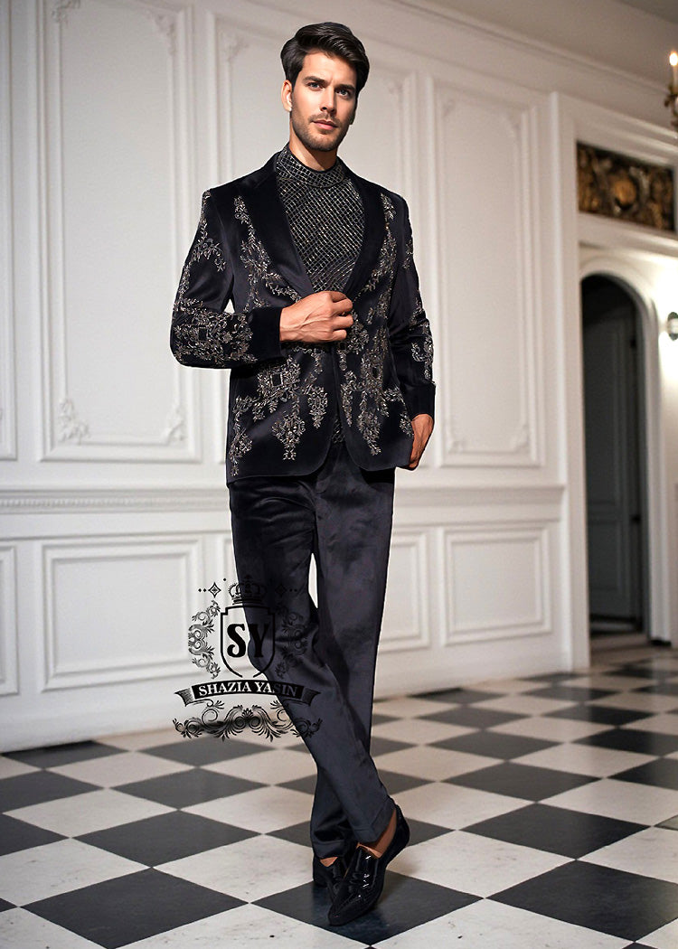 Men's Luxury Bespoke Embellished Black Velvet Tuxedo Weston Florida USA Floral Embroidered Single-Breasted Tuxedo