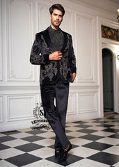 Men's Luxury Bespoke Embellished Black Velvet Tuxedo Weston Florida USA Floral Embroidered Single-Breasted Tuxedo