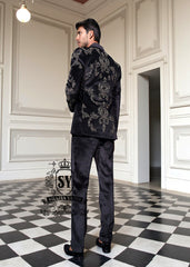 Men's Luxury Bespoke Embellished Black Velvet Tuxedo Weston Florida USA Floral Embroidered Single-Breasted Tuxedo exquisite gold zardozi handwork