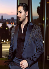 Celestial Edge Midnight Silk Satin Embellished Tuxedo Jacksonville Florida USA Modern Luxury men's tuxedos for Groom