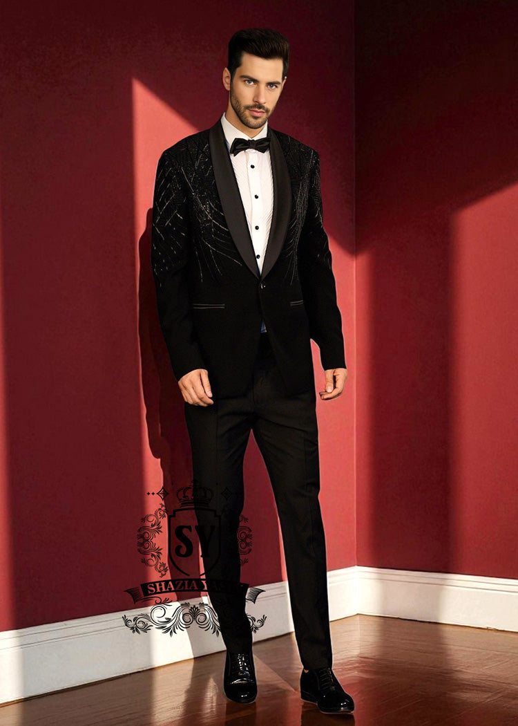 Designer Grooms wear Tuxedo Baltimore Maryland USA Bespoke Tuxedo Suits for Men's Total Black Wedding Outfit