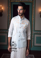 Floral Embroidered Raw Silk Waistcoat Sydney Australia Evening waistcoat in Pale Aqua Shiny fabric