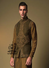 Olive Drab Raw Silk Embroidered Waistcoat Buckinghamshire London UK Luxurious Embroidered Waistcoat