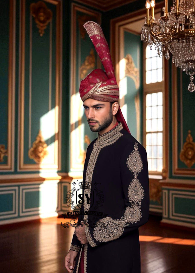 Banarasi Jamawar Wedding Turban for groom Oldham England UK Bespoke Aitchison Kulla For Men
Bright maroon