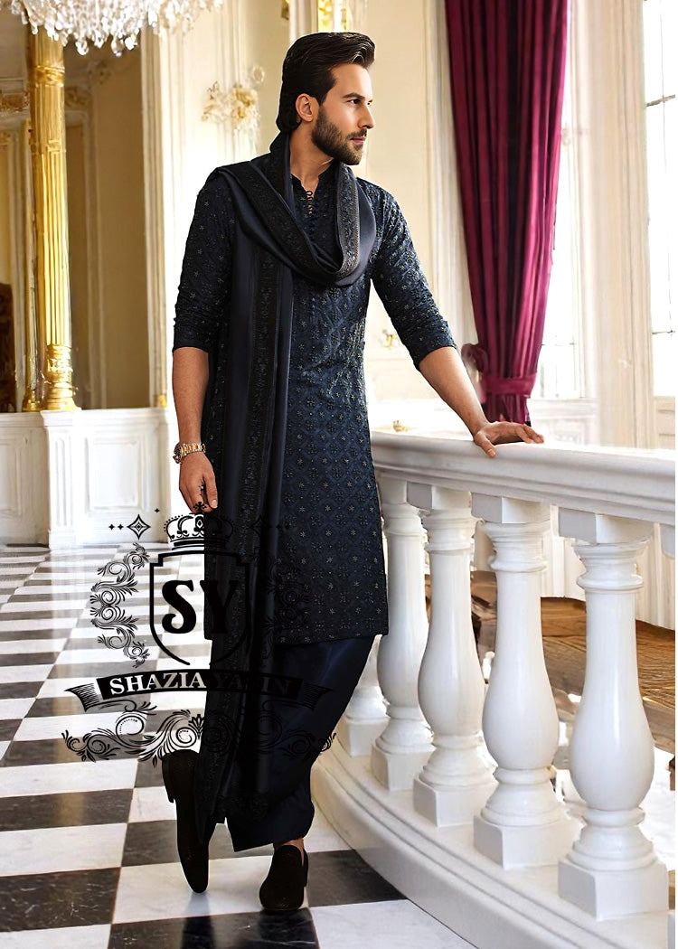 Deep Navy Mens Kurta Shalwar Brampton, Ontario, Canada Embroidered Kurta Shalwar for Mehndi